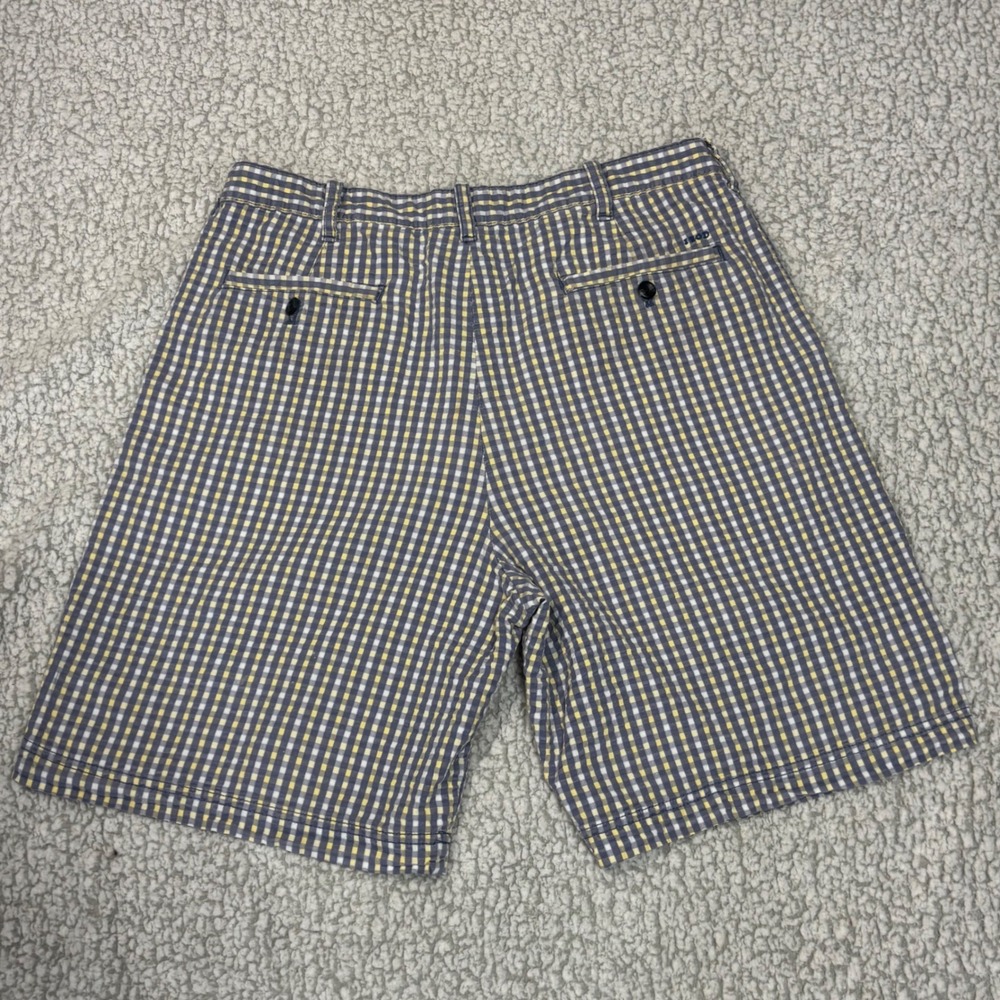 IZOD Luxury Sport Mens 36 Gingham Seersucker Shorts Yellow Navy Blue‎ Plaid Golf